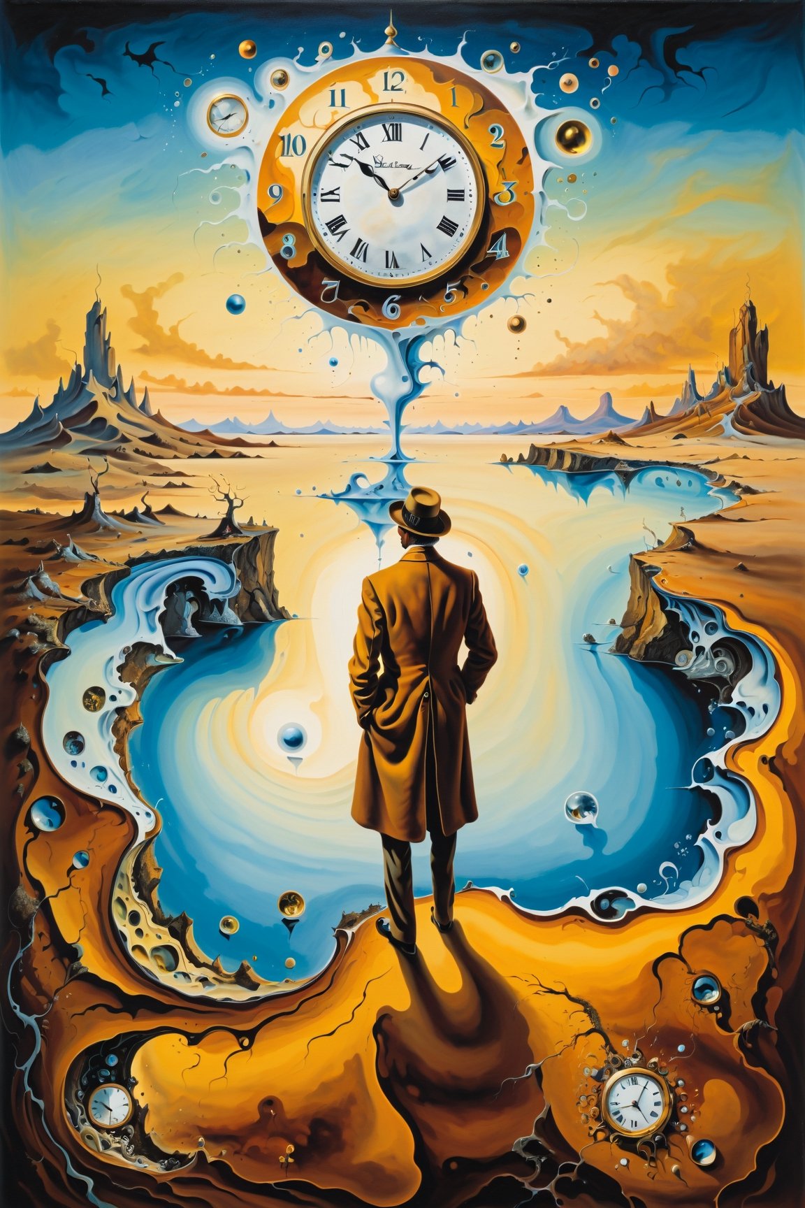 (Masterpiece), (Best Quality), (Ultra-detailed), Artistic painting, (Inspired by Salvador Dali's surrealist art), create a landscape with melting clocks, distorted figures, and a backdrop of swirling colors and shapes. The overall mood should be dreamlike and otherworldly. In the foreground, a man stands gazing out at the strange and wonderful scenery around him. His expression is one of fascination and curiosity, as if he's exploring a new world for the first time,