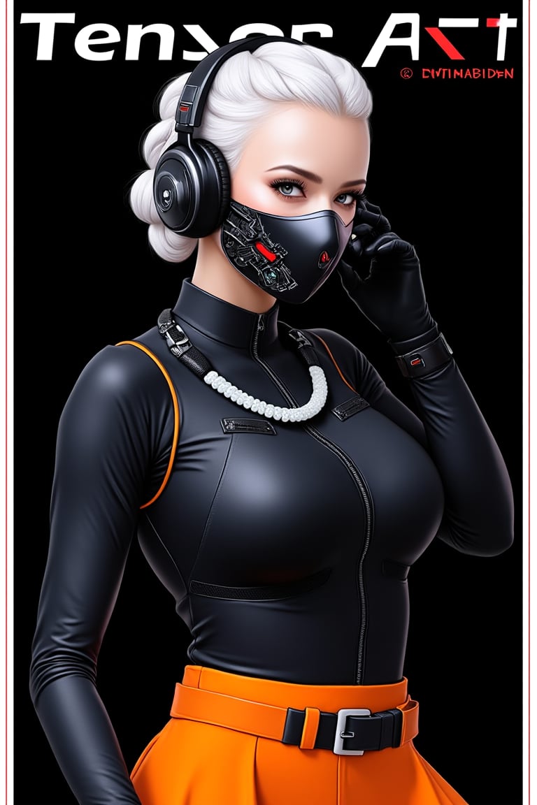 (magazine cover:1.3), (realistic: 1.3), (original: 1.2), masterpiece, best quality, beautiful clean face, fullbody, 1woman, (wearing black and white and cobalt scifi techmask and headphones with complex electronics), wearing black techwear jacket and orange trousers with buckle and tape, (crystal necklace), posing for a picture, (white braided bun hair), Title text “Tensor Art” in white letters with red border on black background.