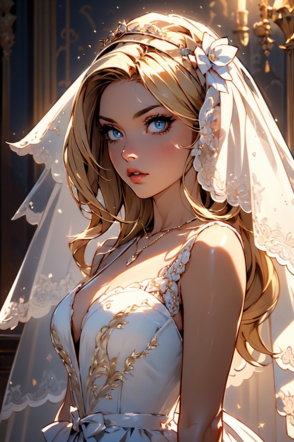 ((Best quality,masterpiece:1.3)), ultra high res,1girl, firearm, dress, blonde hair, veil, solo, jewelry, blood, necklace, blue eyes, blood on clothes, white, bridal veil, wedding dress, tree, building,(covered in  artstation),FAN ART style, colourful, beautiful, artstation, film mood, dramatic, oppressive lighting, shadows, cinematic atmosphere, sharp focus, 