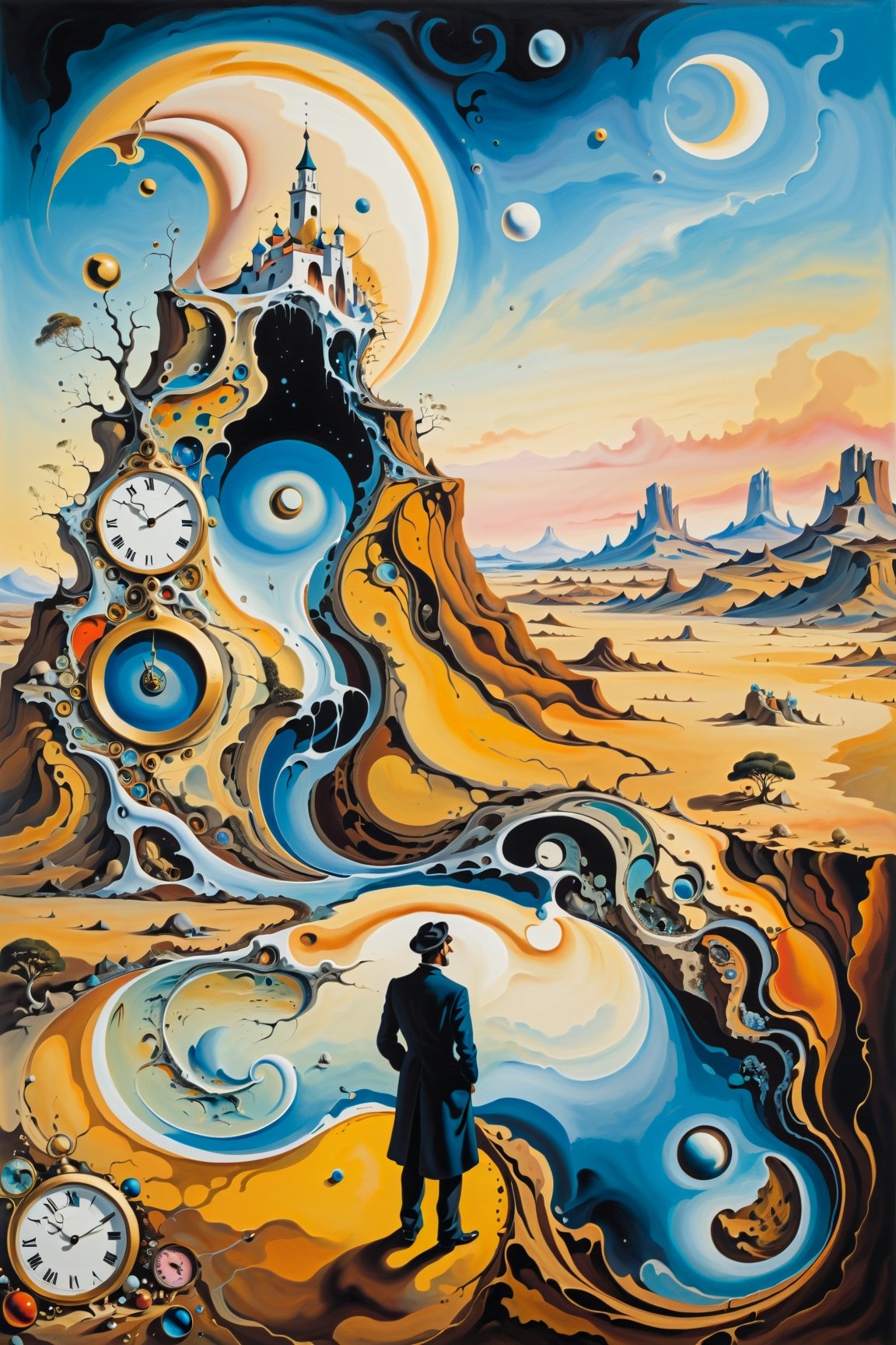 (Masterpiece), (Best Quality), (Ultra-detailed), Artistic painting, (Inspired by Salvador Dali's surrealist art), create a landscape with melting clocks, distorted figures, and a backdrop of swirling colors and shapes. The overall mood should be dreamlike and otherworldly. In the foreground, a man stands gazing out at the strange and wonderful scenery around him. His expression is one of fascination and curiosity, as if he's exploring a new world for the first time,