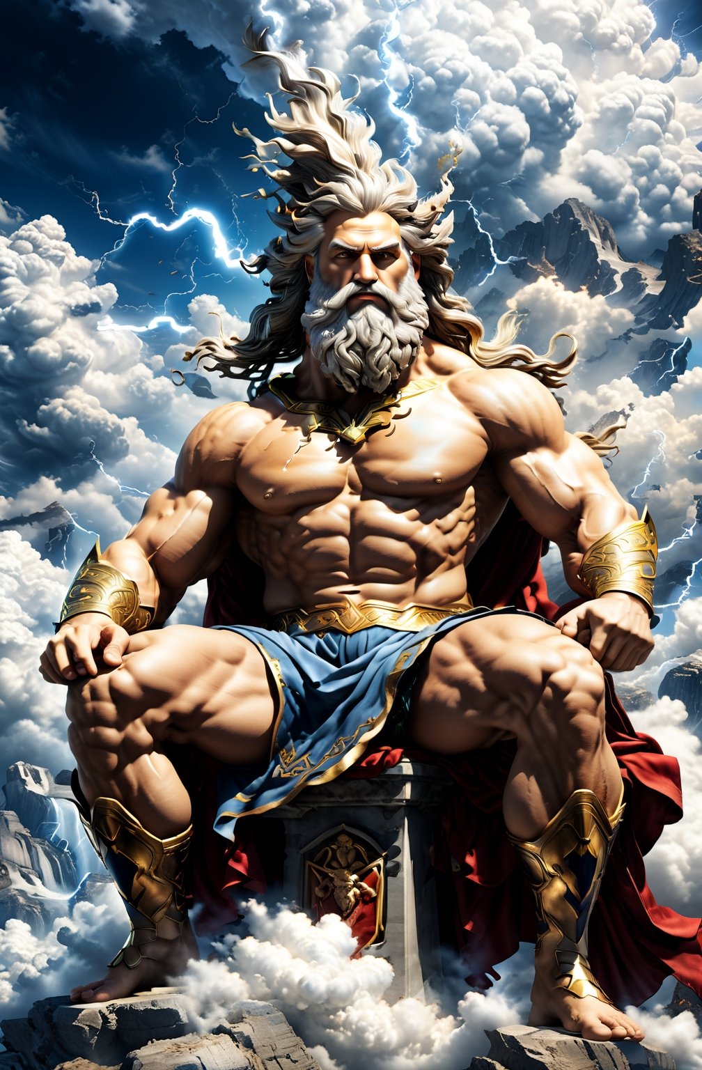 Create a photorealistic image featuring the Greek gods Zeus, the majestic figure of Zeus, ruler of the heavens, as he sits upon his throne of clouds, his lightning bolt in hand, ready to strike down any who dare challenge his divine authority.  Zeus should be portrayed with his distinctive attributes and symbols, such as Zeus with his {thunderbolt}. The background can be a {divine realm}, {Mount Olympus}, or a {mythical landscape} that reflects the realm of the gods. The camera angle can be a {medium shot}, capturing Zeus from a perspective that showcases his presence and individuality. The desired resolution for the image is {high definition}, with {crisp details} and {realistic textures} to bring out the divine qualities of the greek King of Gods, Zeus.