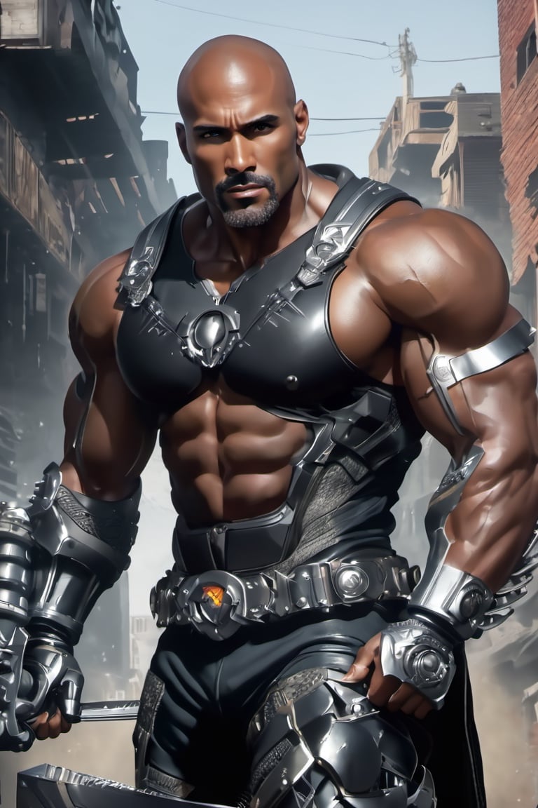 X-men cable,  (Black male),(African), very dark skin), ((( best mixture of the rock and boris kodjoe))) bald headed, silver mustache and goatee,UHD,  super detailed, very muscular physique, (((hands waist high glowing with electric bolts))), perfect muscular body,  full_body,  battle_stance,((wearing black steel body armor))  
cyberpunk,SteelHeartQuiron character,elina,lun4,photo r3al