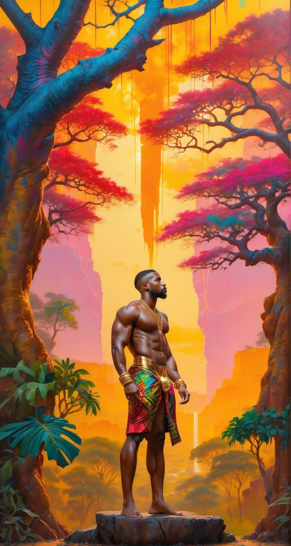 Please create a masterpiece,  (((stunningly handsome African American man))), perfect face, short cut hair, light_brown_eyes, thick lips, epic love, full-body, very muscular build, small waist, standing in front of a baobab tree, overlooking the jungle below, hyper-realistic oil painting,  vibrant colors, traditional african mans garment, gold chains,  multiple gold armbands and bracelets, biopunk,   dystopic,  golden light,  perfect composition, colorful sky, dripping paint,  