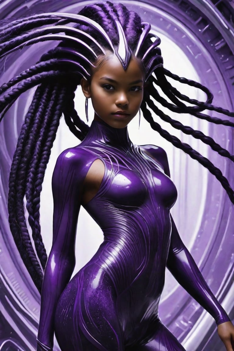 A highly-trained breathtaking futuristic 14-year-old fully nude very dark-skinned Cambodian girl in purple H.R. Giger-style award-winning body paint with a long, bright purple cornrow hairstyle working within the interior of a purple paint-splashed H.R. Giger-style fractal gothic biomechanical spaceship racing through The Many Branching Tomorrows.