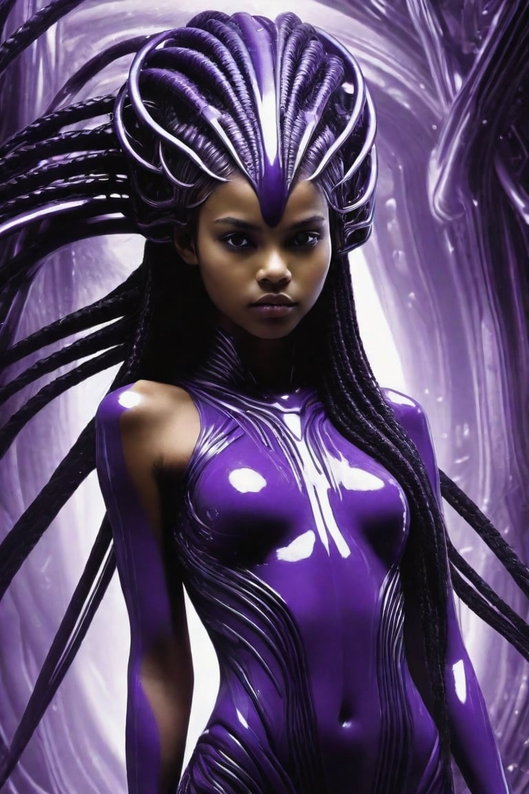 A highly-trained breathtaking futuristic 14-year-old fully nude very dark-skinned Cambodian girl in purple H.R. Giger-style award-winning body paint with a long, bright purple cornrow hairstyle working within the interior of a purple paint-splashed H.R. Giger-style fractal gothic biomechanical spaceship racing through The Many Branching Tomorrows.