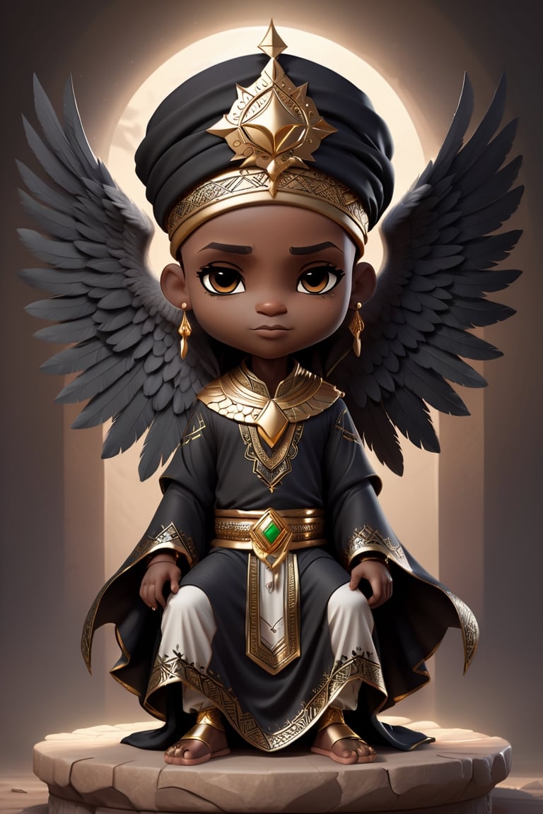 chibi, fullbody potrait of (((stunningly handsome african black man))), wearing muslim 2 piece garment with matching head wrap  
 sitting on a thronefallen angel, chibi style, 3d style, AngelicStyle