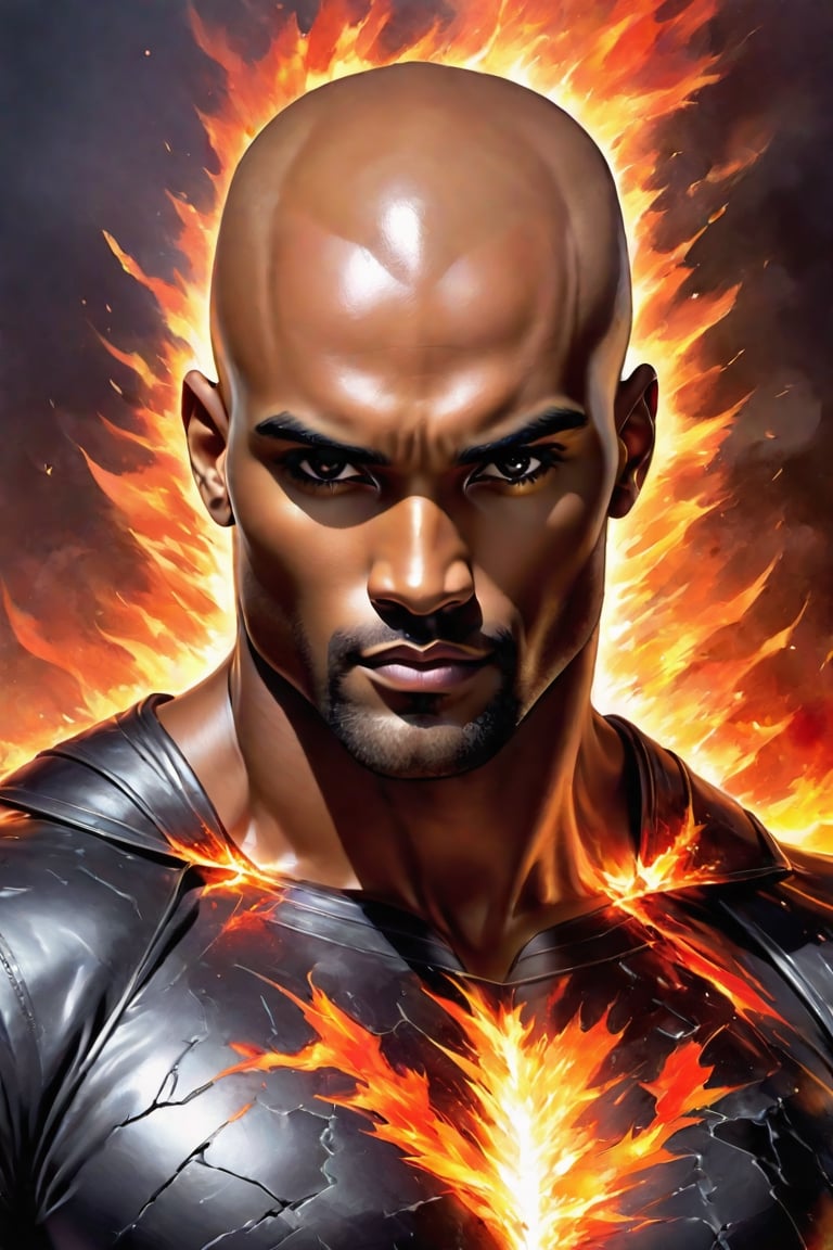 Glass crack and electrical sparking black fire colourfull very beautiful mixture of the rock and boris kodjoe, body artist in painting work, no facial hair, small vertical scar in the top middle of the forhead, ideal body proportion,very muscular, super  human anatomy, 