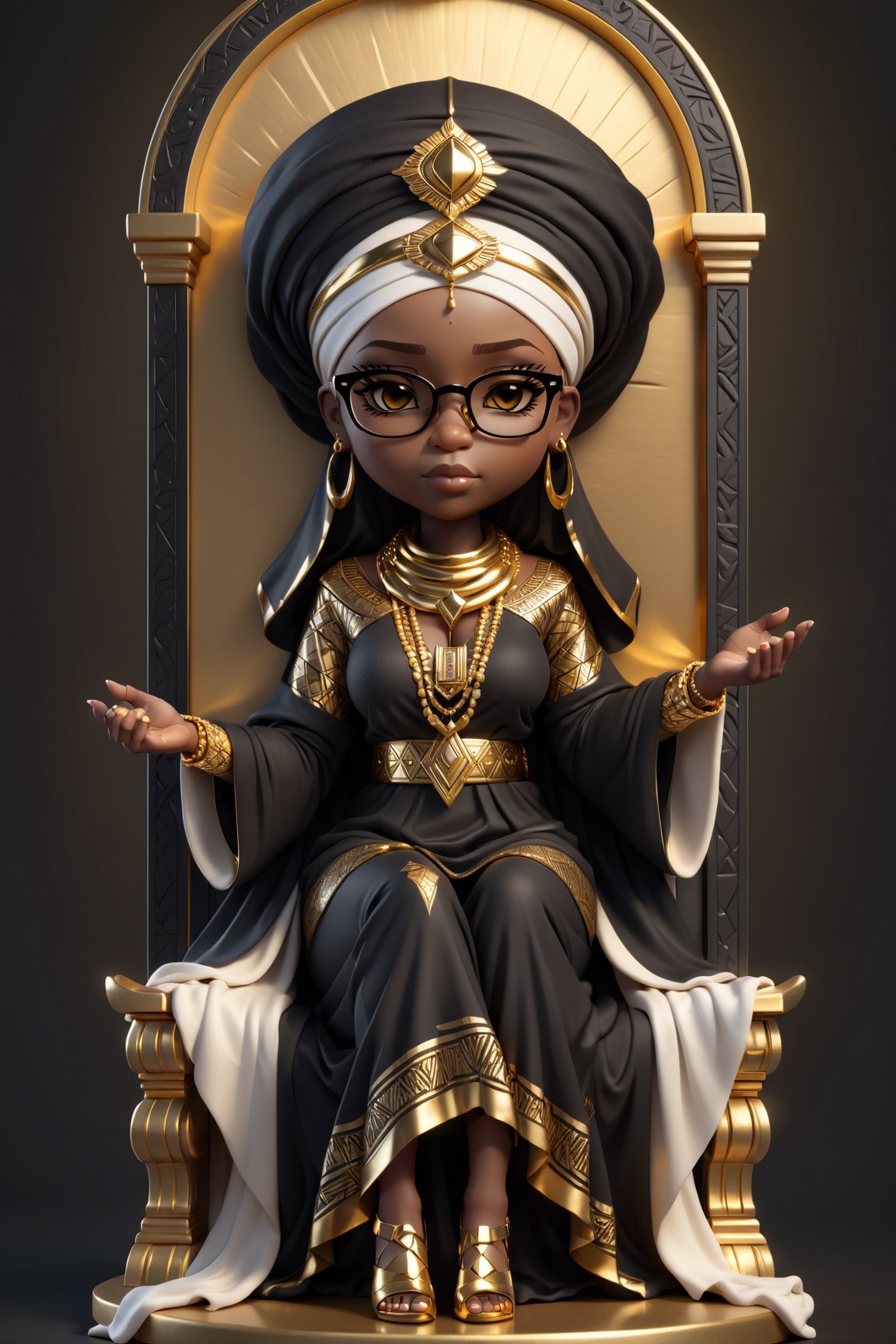 chibi, perfectly detailed fullbody potrait of(((stunningly beautiful african black woman))), perfect hands in a fist, wearing kinte cloth muslim woman dress with white matching hijab, thick gold chain around neck, sitting on a throne,
 and gold frame glasses with yellow lensefallen angel, chibi style, 3d style, AngelicStyle 