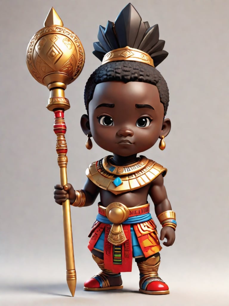 1boy, african boy, walking, holding royal scepter  ,AI_Misaki,3d figure,african king style,traditional african kinte cloth attire design, african queen ink drawing