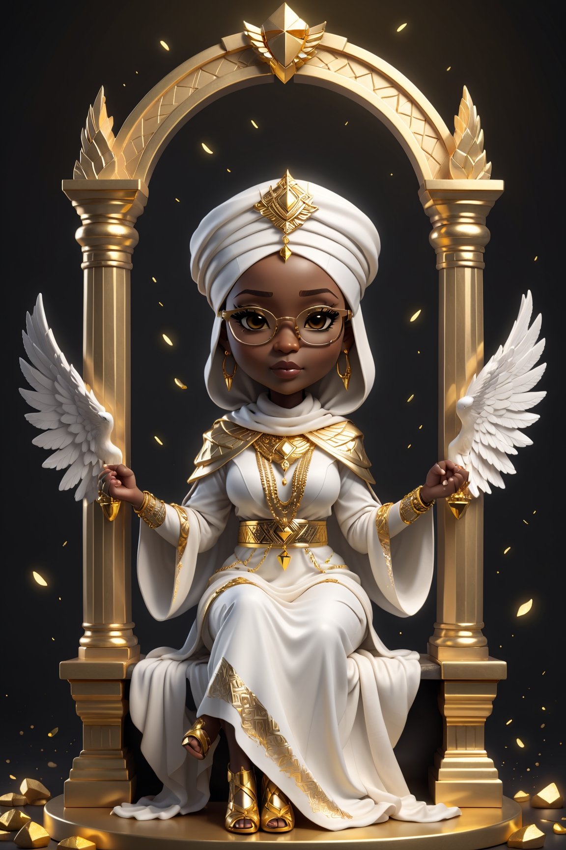 chibi, perfectly detailed fullbody potrait of(((stunningly beautiful african black woman))), perfect hands in a fist, wearing white muslim woman dress with white hijab thick gold chain around neck, sitting on a throne,
 and gold frame glasses with yellow lensefallen angel, chibi style, 3d style, AngelicStyle 