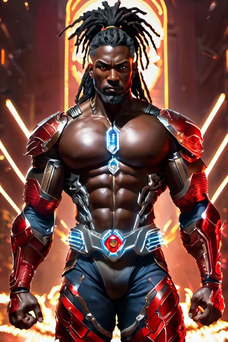 X-men cable,  (Black male),(African),dark skin) (silver dreadlocks),UHD,  super detailed, very muscular physique, (((hands waist high glowing with electric bolts))), perfect muscular body,  full_body,  battle_stance,((wearing red steel  blackand gold body armor with hint of red and blue))  
cyberpunk,SteelHeartQuiron character,elina,lun4,photo r3al