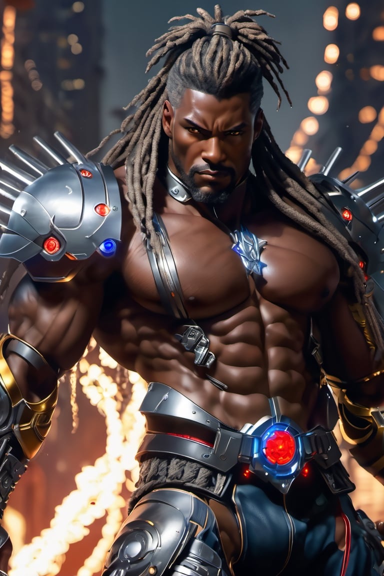 X-men cable,  (Black male),(African),dark skin) (silver dreadlocks),UHD,  super detailed, very muscular physique, (((hands waist high glowing with electric bolts))), perfect muscular body,  full_body,  battle_stance,((wearing red steel  blackand gold body armor with hint of red and blue))  
cyberpunk,SteelHeartQuiron character,elina,lun4,photo r3al