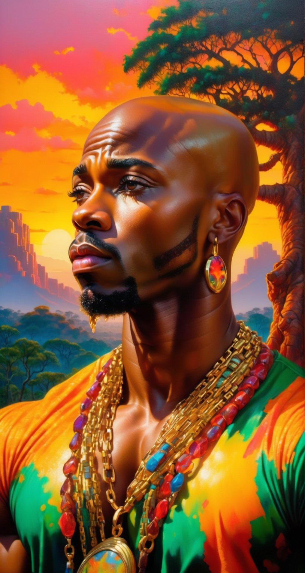 Please create a masterpiece,  (((stunningly beautiful African American man))), perfect face, bald headed, light_brown_eyes, thick lips, epic love, very muscula;r build baobab tree, overlooking the jungle below, hyper-realistic oil painting,  vibrant colors, traditional african mans garment, gold chains and bracelets,   biopunk,   dystopic,  golden light,  perfect composition, colorful sky, dripping paint,  