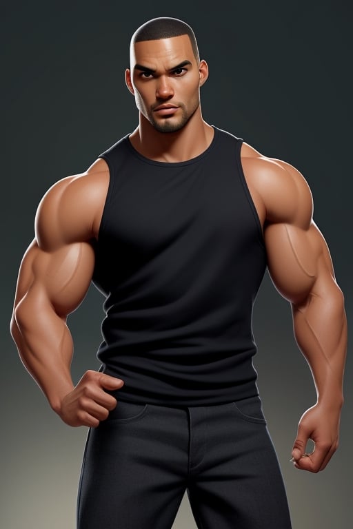 black 
bald man mix of the rock and boris khojoe, muscular build