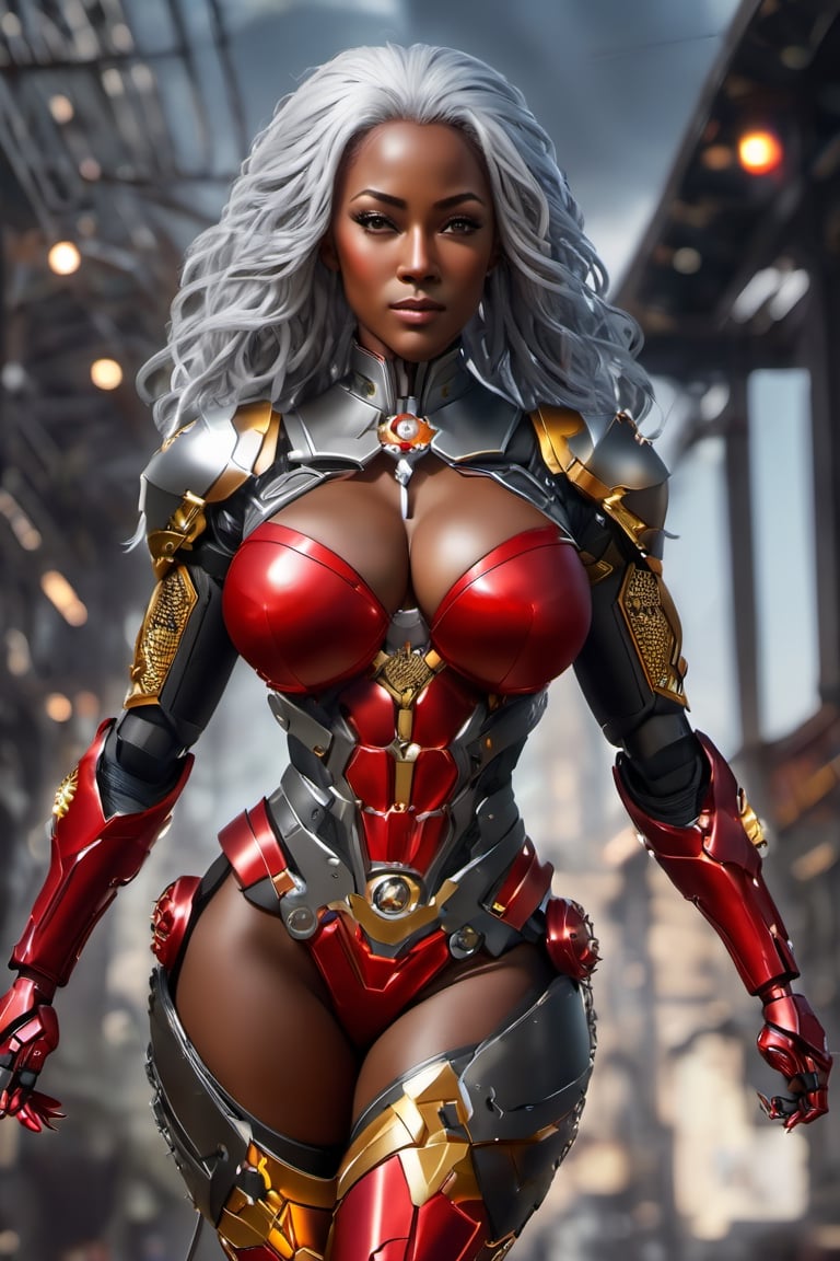 X-men Storm,  (Black female),(African),dark skin) (silver hair),UHD,  super detailed,  muscular physique, hands waist high glowing with electric bolts, perfect muscular body,  full_body,  battle_stance,((wearing red steel black and gold body armor))  
cyberpunk,SteelHeartQuiron character,elina,lun4,photo r3al