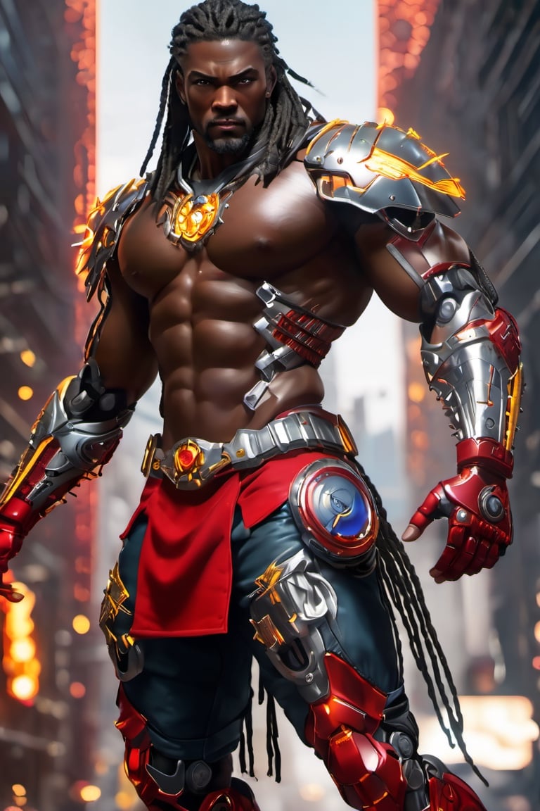 X-men cable,  (Black male),(African),dark skin) (silver dreadlocks),UHD,  super detailed, very muscular physique, (((hands waist high glowing with electric bolts))), perfect muscular body,  full_body,  battle_stance,((wearing red steel  blackand gold body armor with hint of red and blue))  
cyberpunk,SteelHeartQuiron character,elina,lun4,photo r3al