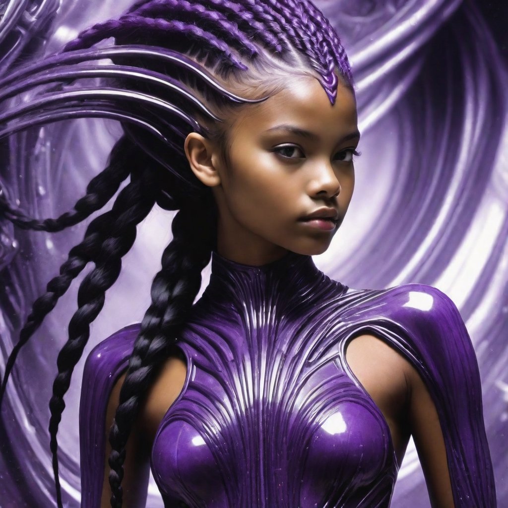 A highly-trained breathtaking futuristic 14-year-old fully nude very dark-skinned Cambodian girl in purple H.R. Giger-style award-winning body paint with a long, bright purple cornrow hairstyle working within the interior of a purple paint-splashed H.R. Giger-style fractal gothic biomechanical spaceship racing through The Many Branching Tomorrows.