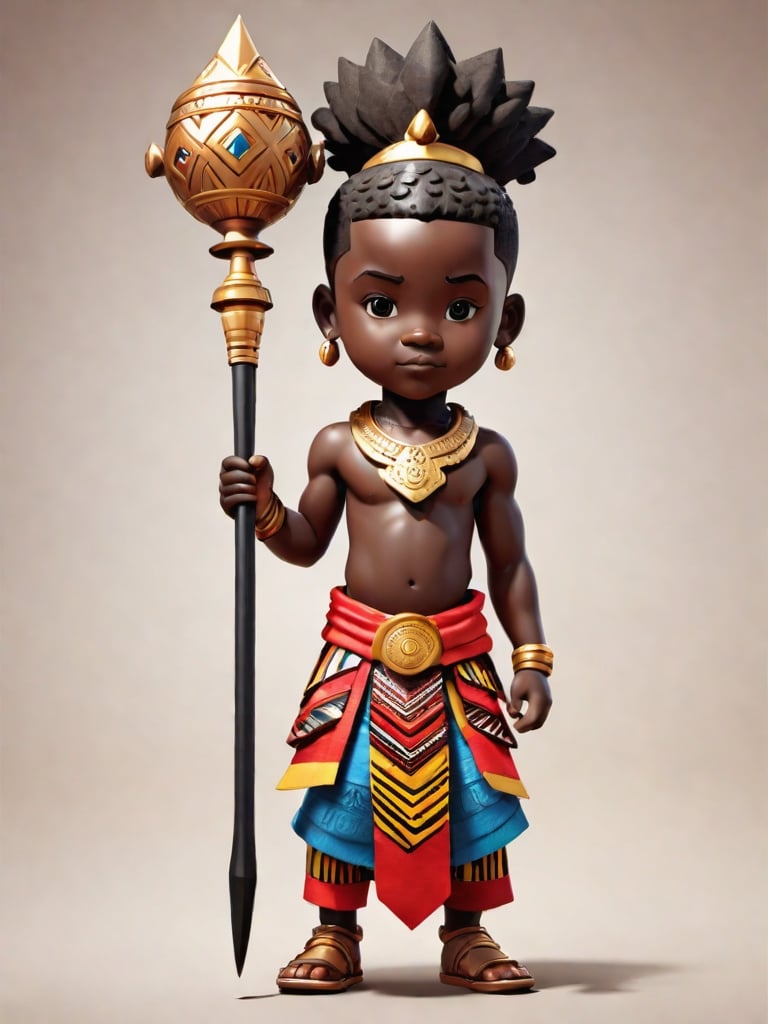 1boy, african boy, walking, holding royal scepter  ,AI_Misaki,3d figure,african king style,traditional african kinte cloth attire design, african queen ink drawing