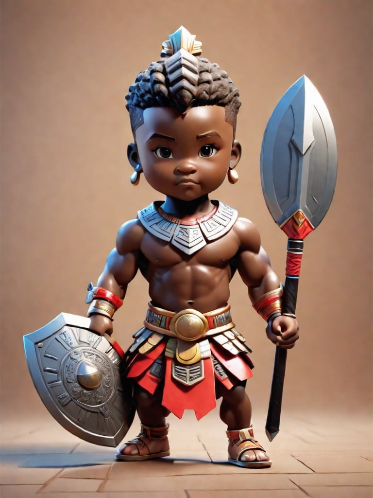 1boy, african boy, muscular build, walking, holding blade and shield ,AI_Misaki,3d figure,zulu king style,tshirt design, zulu king ink drawing