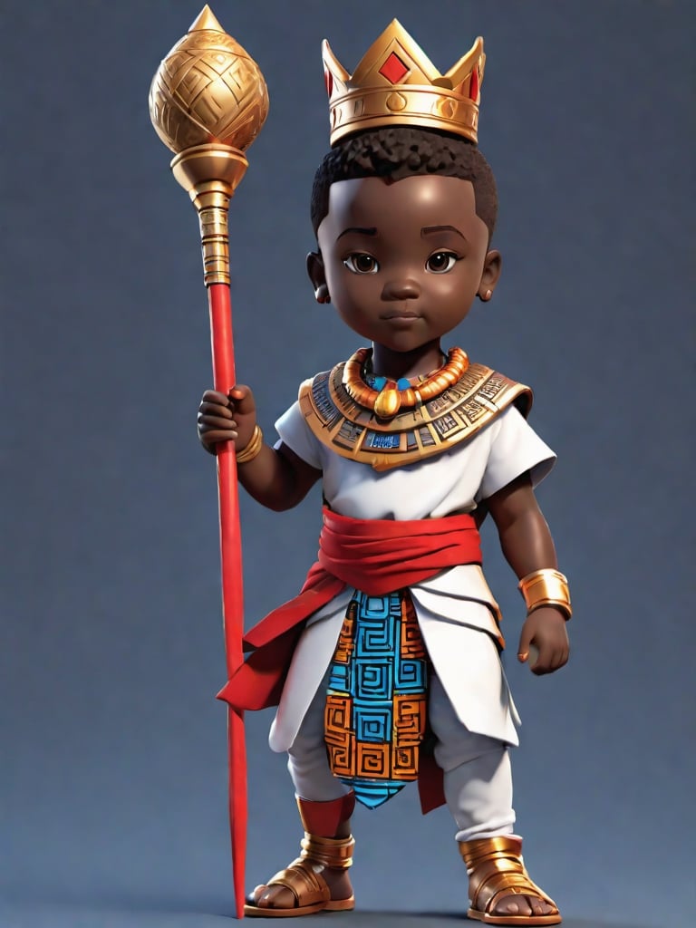 1boy, african boy, walking, holding royal scepter  ,AI_Misaki,3d figure,african king style,traditional african kinte cloth attire design, african queen ink drawing