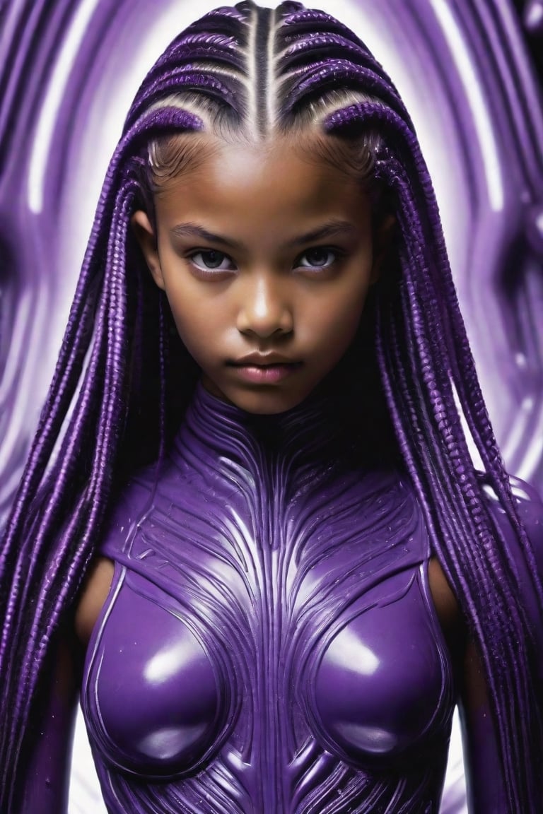 A highly-trained breathtaking futuristic 14-year-old fully nude very dark-skinned Cambodian girl in purple H.R. Giger-style award-winning body paint with a long, bright purple cornrow hairstyle working within the interior of a purple paint-splashed H.R. Giger-style fractal gothic biomechanical spaceship racing through The Many Branching Tomorrows.