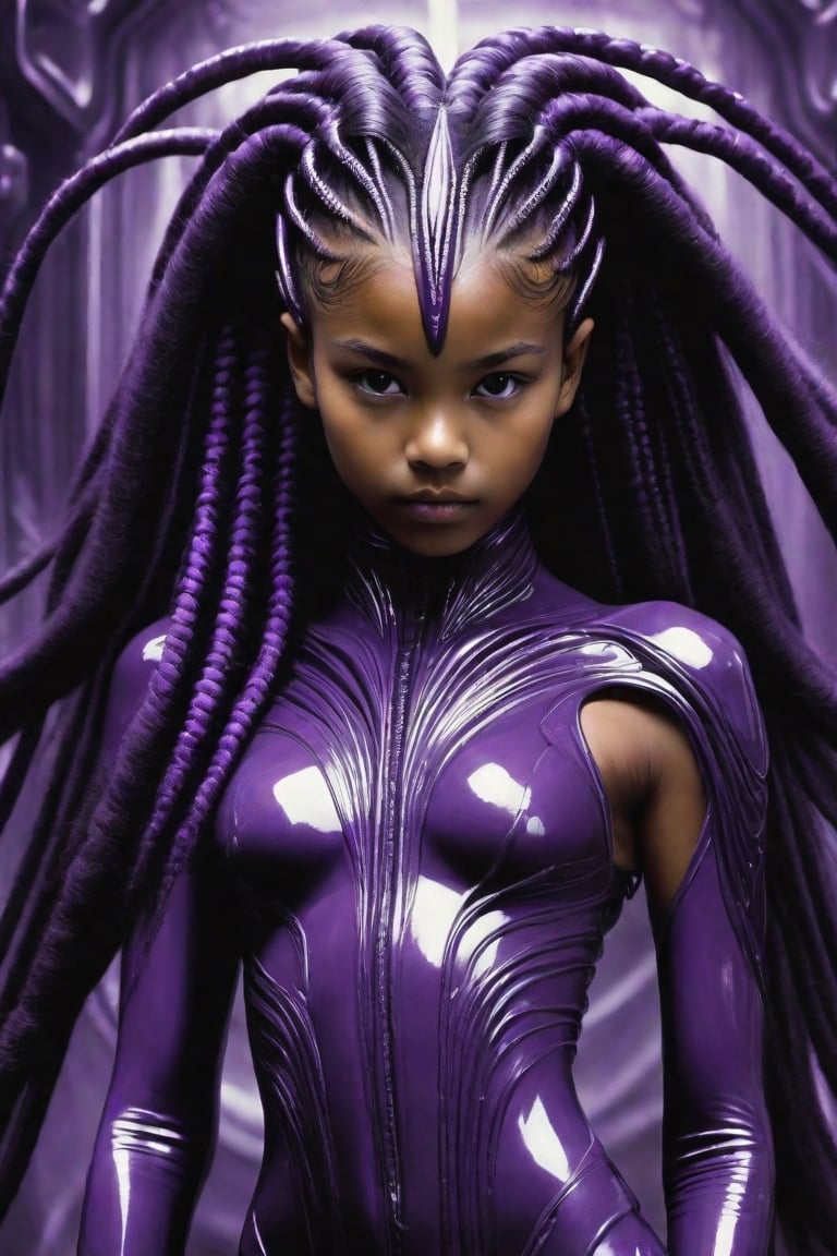 A highly-trained breathtaking futuristic 14-year-old fully nude very dark-skinned Cambodian girl in purple H.R. Giger-style award-winning body paint with a long, bright purple cornrow hairstyle working within the interior of a purple paint-splashed H.R. Giger-style fractal gothic biomechanical spaceship racing through The Many Branching Tomorrows.