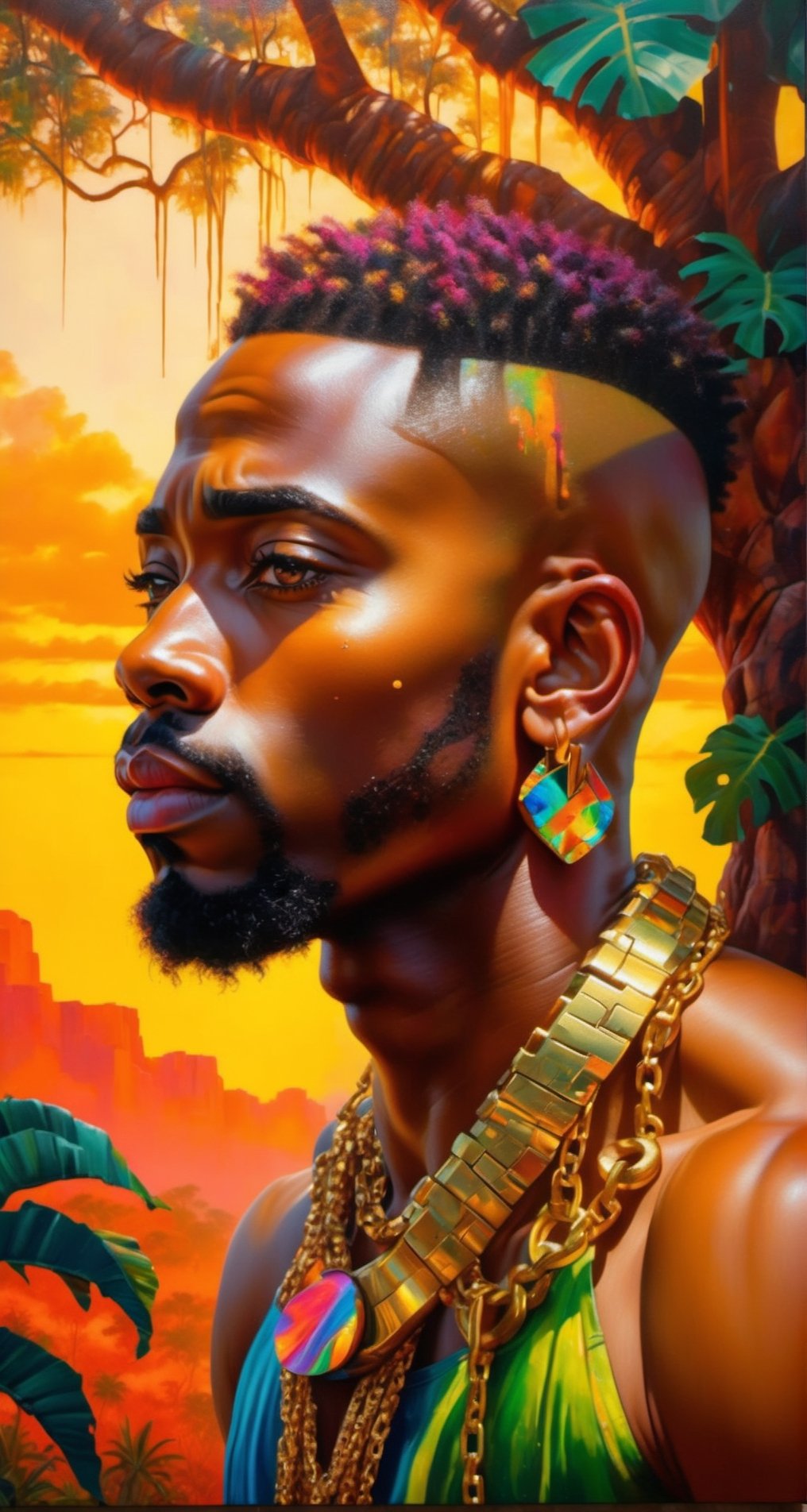Please create a masterpiece,  (((stunningly beautiful African American man))), perfect face, bald headed, light_brown_eyes, thick lips, epic love, very muscula;r build baobab tree, overlooking the jungle below, hyper-realistic oil painting,  vibrant colors, traditional african mans garment, gold chains and bracelets,   biopunk,   dystopic,  golden light,  perfect composition, colorful sky, dripping paint,  
