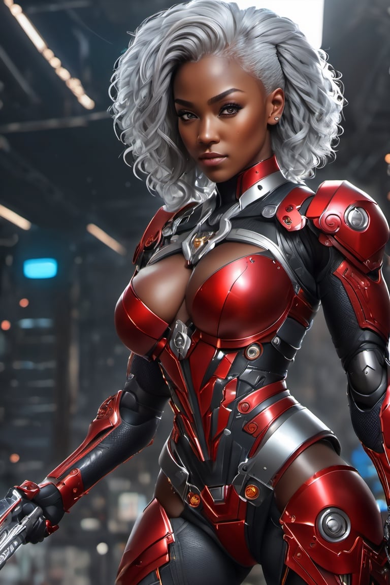 X-men Storm,  (Black female),(African),dark skin) (silver hair),UHD,  super detailed,  muscular physique, hands waist high glowing with electric bolts, perfect muscular body,  full_body,  battle_stance,((wearing red steel black and gold body armor))  
cyberpunk,SteelHeartQuiron character,elina,lun4,photo r3al