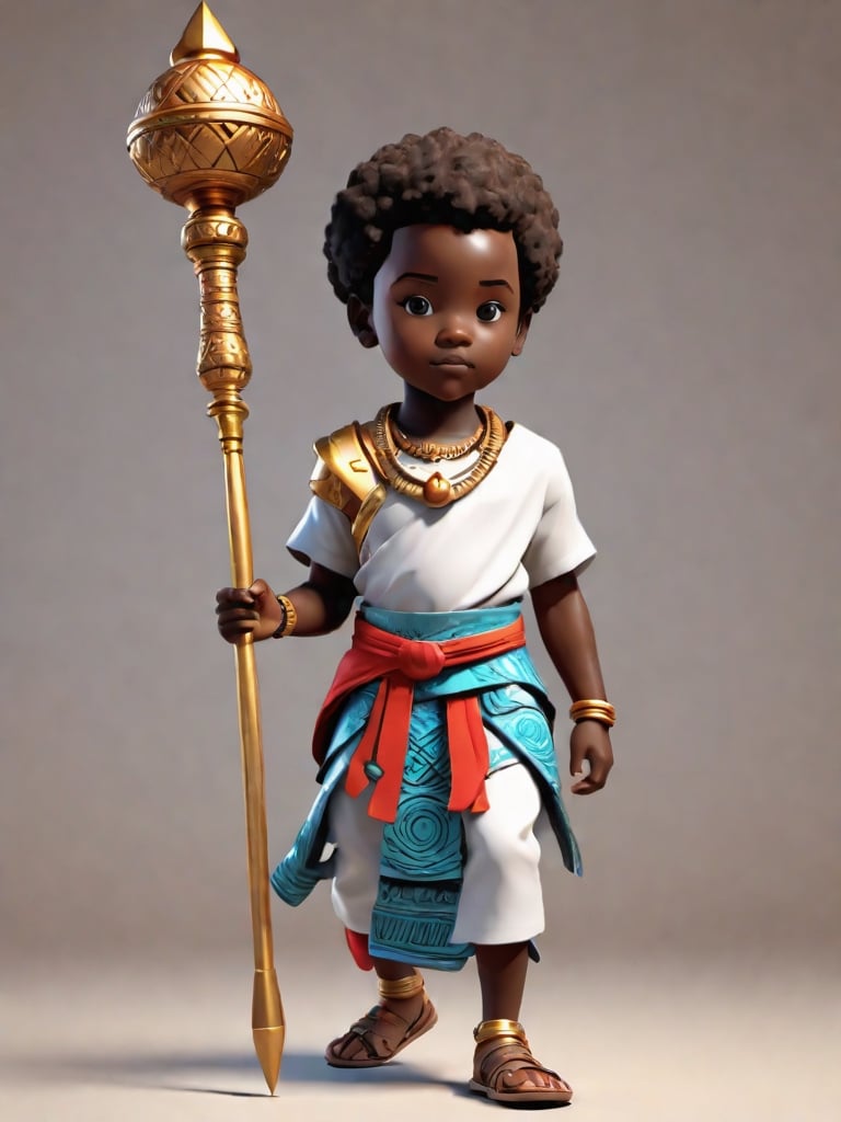 1boy, african boy, walking, holding royal scepter  ,AI_Misaki,3d figure,african queen style,traditional african attire design, african queen ink drawing