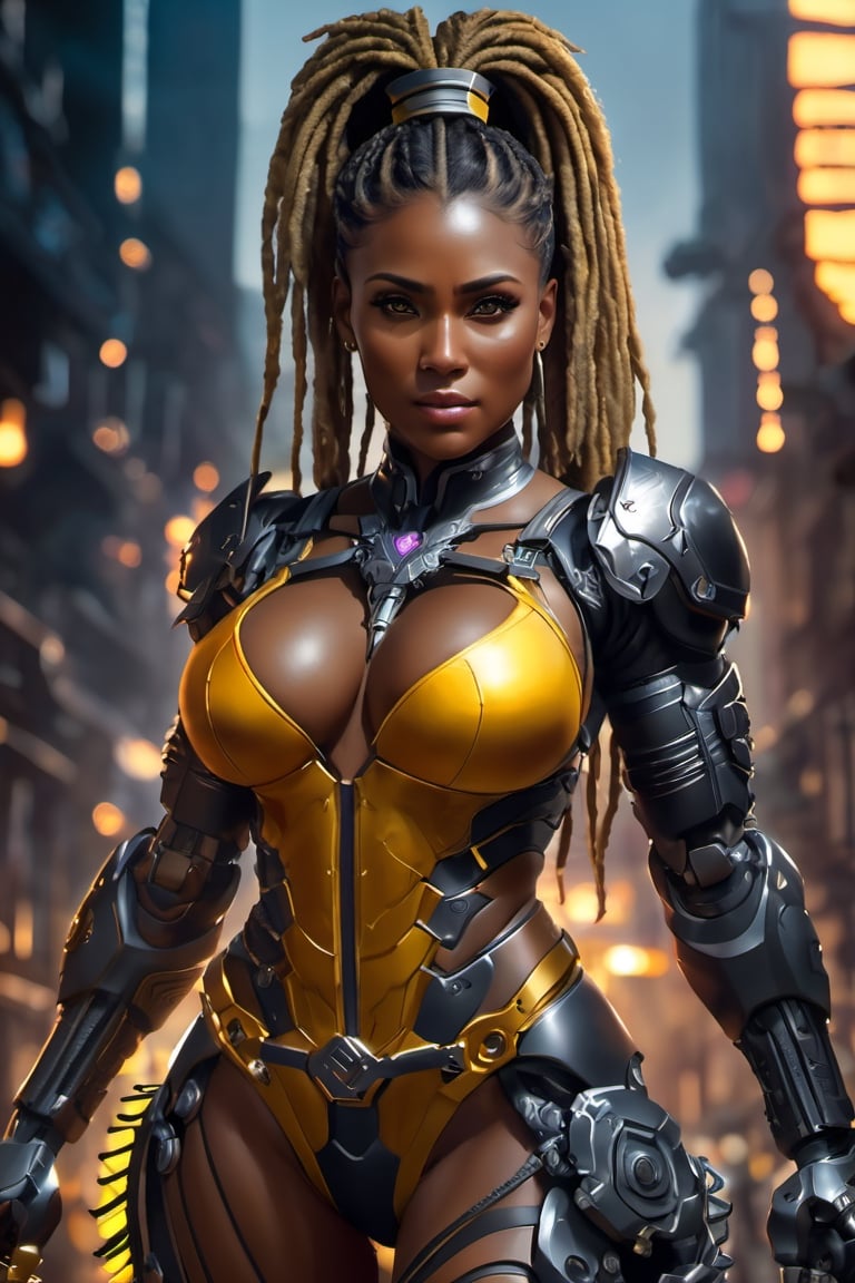 X-men cable,  (Black female),(African), very dark skin), ((( best mixture of the rock and boris kodjoe))) dreadlocks,UHD,  super detailed, very muscular physique, (((hands waist high glowing with electric bolts))), perfect muscular body,  full_body,  battle_stance,((wearing Black steel  body armor))  
cyberpunk,SteelHeartQuiron character,elina,lun4,photo r3al