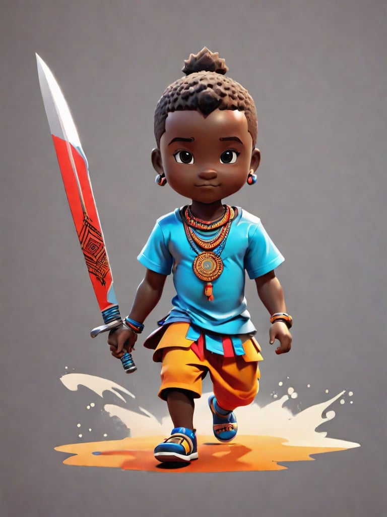 1boy, african boy, walking, holding blade ,AI_Misaki,3d figure,zulu style,tshirt design, zulu ink drawing