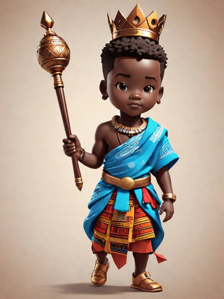 1boy, african boy, walking, holding royal scepter  ,AI_Misaki,3d figure,african king style,traditional african kinte cloth attire design, african queen ink drawing