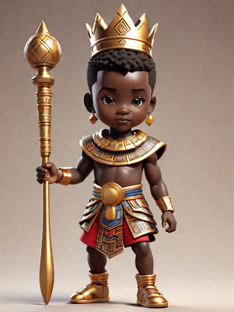 1boy, african boy, walking, holding royal scepter  ,AI_Misaki,3d figure,african king style,traditional african kinte cloth attire design, african queen ink drawing