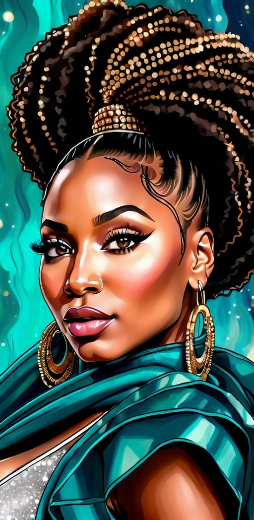 Portrait painting of a (((stunningly beautiful  black woman))), mix of nicki minaj and beyonce knowles, with hazel eyes and brown hair, close-up, 80mm digital photography, bokeh, beauty, flowy teal hair,  zoom from above, sharp focus on eyes, well blended colors,
