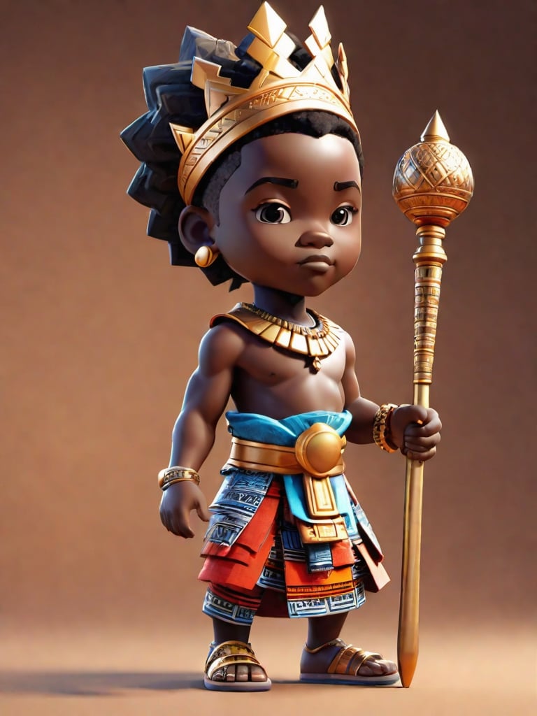 1boy, african boy, walking, holding royal scepter  ,AI_Misaki,3d figure,african king style,traditional african kinte cloth attire design, african queen ink drawing