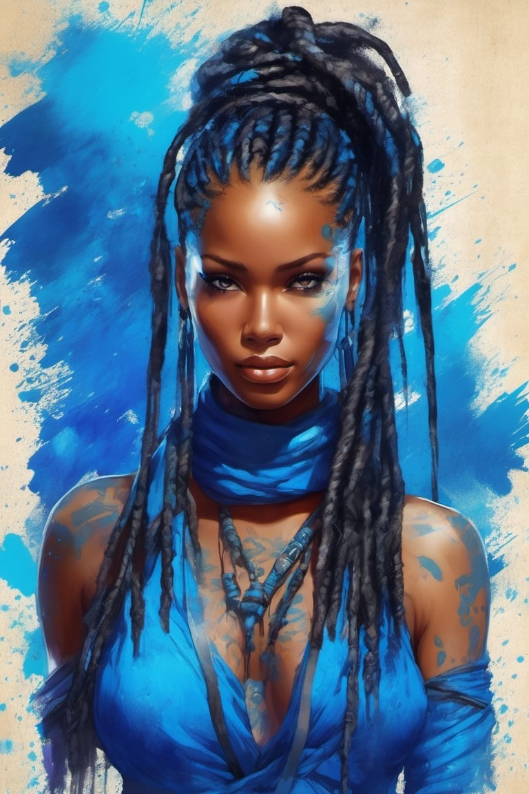 illustration, paint on old parchment paper, woman ninja, (((stunningly beautiful african woman))), long black and blue dreadlocks. 25 years old. Eyes, blue_eyes, serious and caring face, cute. Perfect lips, in the rain, wet skin. sword, xxmix_girl, detailed eyes, pretty face, wide nose, slim eyes, athletic body, toned body, nice legs, toned legs, large breast, full body, cinematic lighting from behind, blue neon dust, blue neon glow, black ninja clothes with blue accent. futuristic hi-tech outfit, long purple neck scarf, dynamic pose, action, from below,ink scenery, black and blue colors only, pen and brush stroke, action_lines, motion_lines