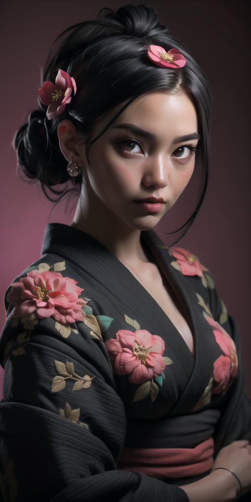 high quality, photorealistic, raw photo, photo portrait of beautiful black woman, samurai, flower in hair, kimono, normal breasts, (black face), red eyes, black hair, perfect lips, sakura, dynamic pose, masterpiece, cowboy shot, highly detailed, highres, japanese mountain background.
Professional photograph by Lee Jeffries.
Perfect light kn subject same as environment,cyberpunk robot
Vivid colours 