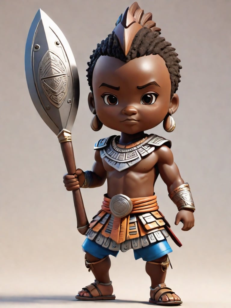 1boy, african boy, walking, holding blade and shield ,AI_Misaki,3d figure,zulu style,tshirt design, zulu ink drawing