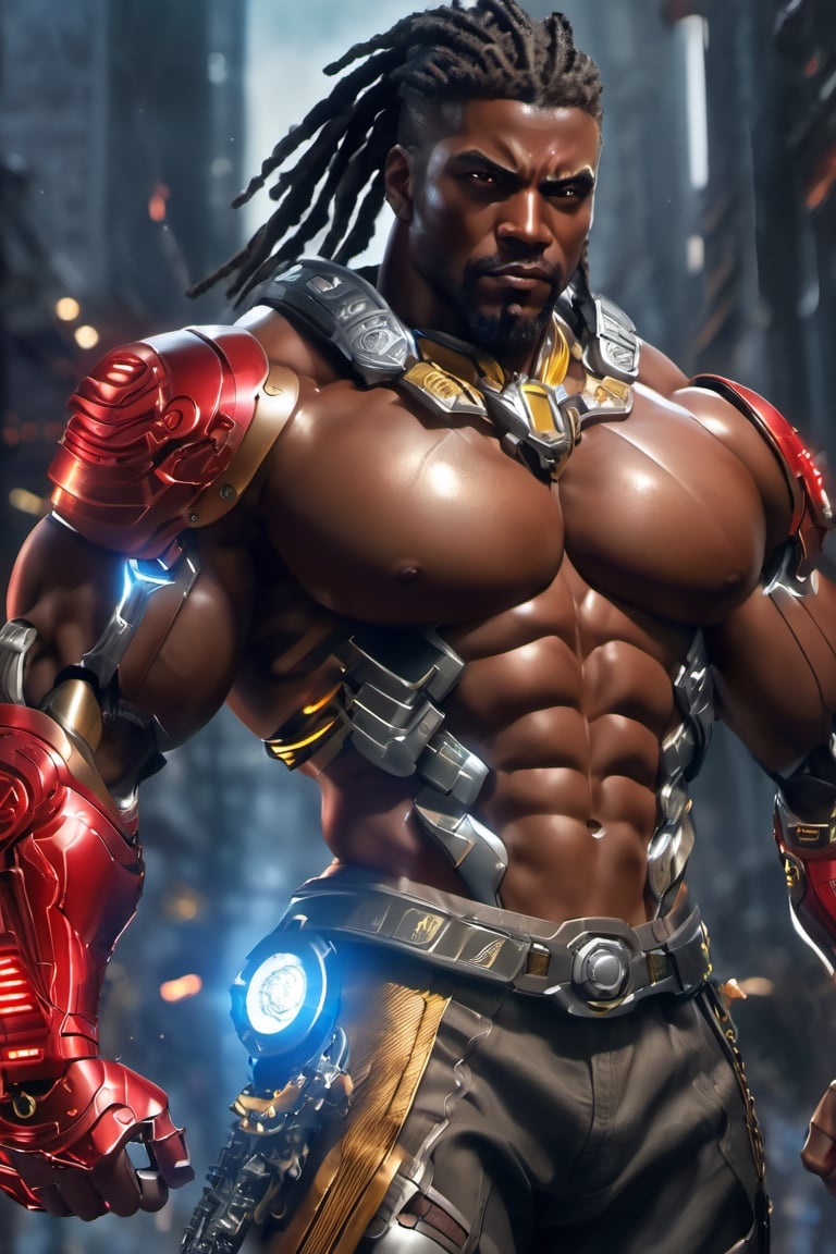 X-men cable,  (Black male),(African),dark skin) (silver dreadlocks),UHD,  super detailed, very muscular physique, (((hands waist high glowing with electric bolts))), perfect muscular body,  full_body,  battle_stance,((wearing red steel  blackand gold body armor with hint of red and blue))  
cyberpunk,SteelHeartQuiron character,elina,lun4,photo r3al