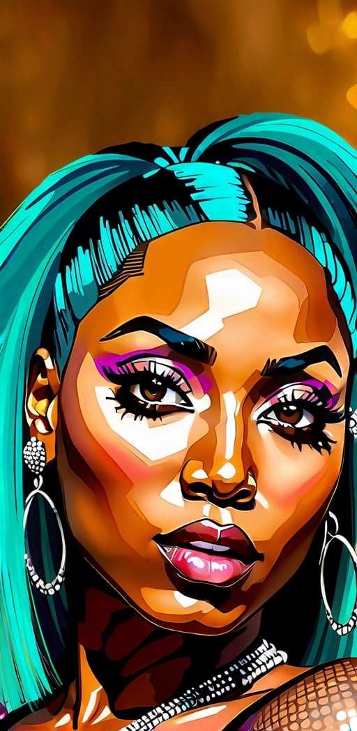 Portrait painting of a (((stunningly beautiful  black woman))), mix of nicki minaj and beyonce knowles, with hazel eyes and brown hair, close-up, 80mm digital photography, bokeh, beauty, flowy teal hair,  zoom from above, sharp focus on eyes, well blended colors,