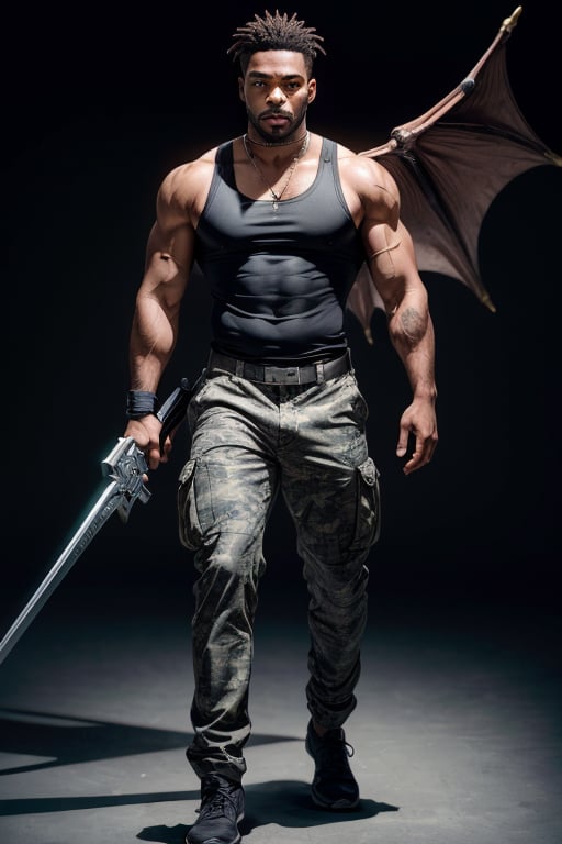 best qulity masterpiece, ultra high res, 1man, handsome_face, handsome black man, very dar black man,, very muscular, absurdly detailed, tall man,camoflauge pants, white tank top, detailed skin,,gu, dragon, full body,,weapon,black hair, holding weapon, blood, arm guards,male focus,looking at viewer,black eyes,tabi,floating hairfull,body,orange,,hands up