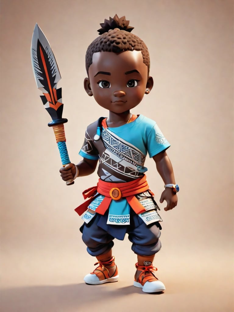 1boy, african boy, walking, holding blade ,AI_Misaki,3d figure,zulu style,tshirt design, zulu ink drawing