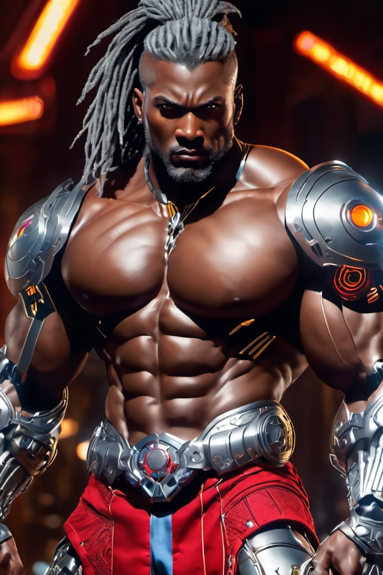 X-men cable,  (Black male),(African),dark skin) (silver dreadlocks),UHD,  super detailed, very muscular physique, (((hands waist high glowing with electric bolts))), perfect muscular body,  full_body,  battle_stance,((wearing red steel  blackand gold body armor with hint of red and blue))  
cyberpunk,SteelHeartQuiron character,elina,lun4,photo r3al