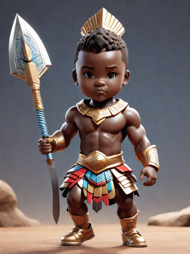 1boy, african boy, muscular build, walking, holding blade and shield ,AI_Misaki,3d figure,zulu king style,tshirt design, zulu king ink drawing