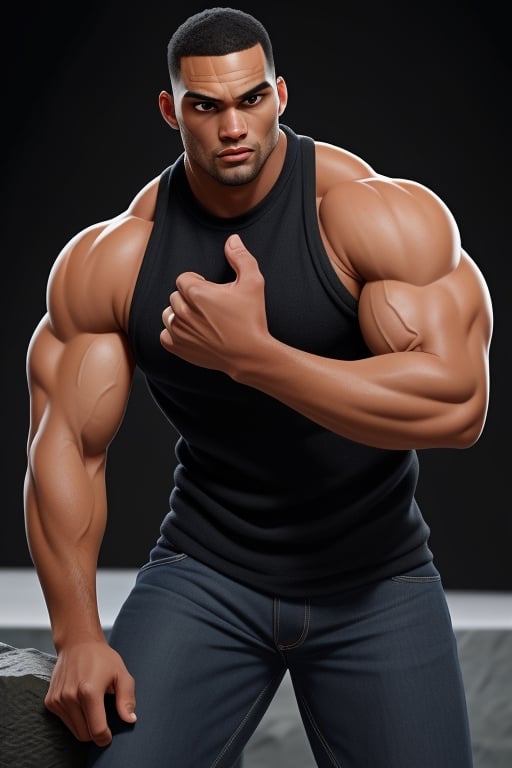 black 
bald man mix of the rock and boris khojoe, muscular build