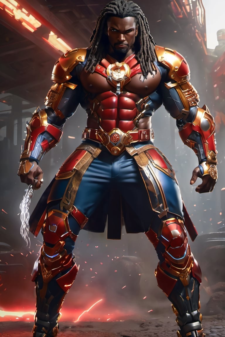 X-men cable,  (Black male),(African),dark skin) (silver dreadlocks),UHD,  super detailed, very muscular physique, (((hands waist high glowing with electric bolts))), perfect muscular body,  full_body,  battle_stance,((wearing red steel  blackand gold body armor with hint of red and blue))  
cyberpunk,SteelHeartQuiron character,elina,lun4,photo r3al