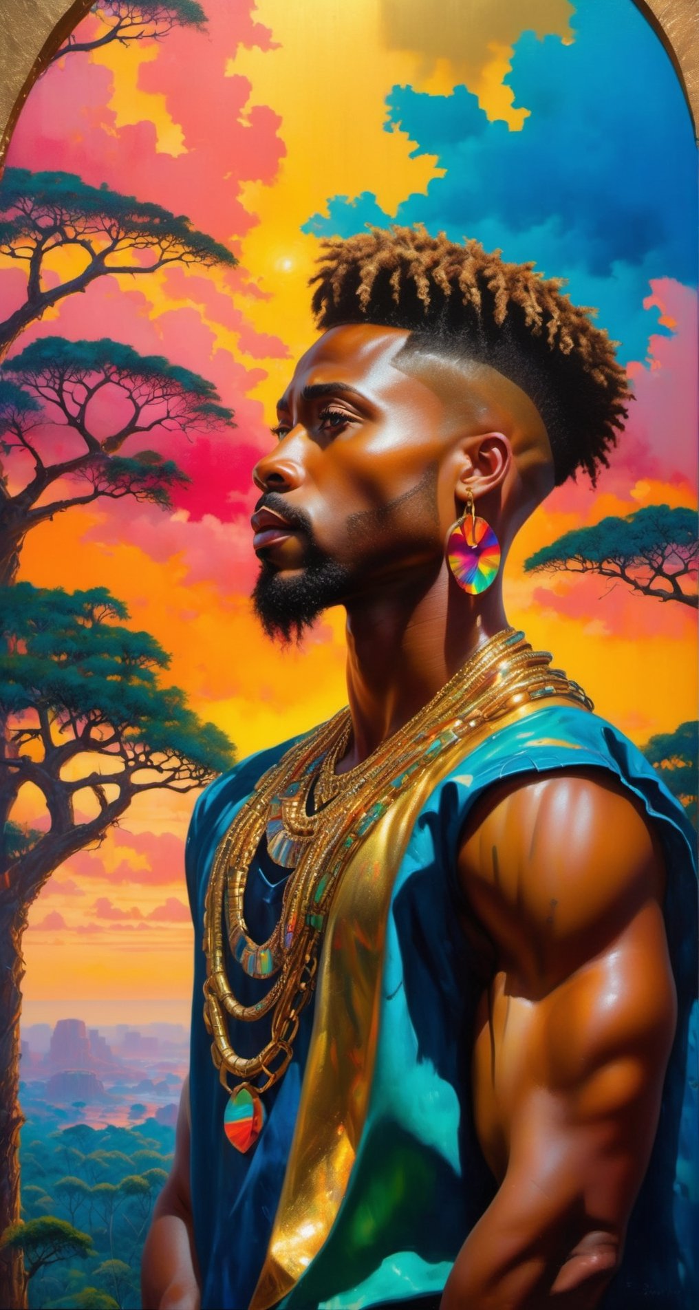 Please create a masterpiece,  (((stunningly beautiful African American man))), perfect face,  short hair, light_brown_eyes, thick lips, epic love, very muscula;r build baobab tree, overlooking the jungle below, hyper-realistic oil painting,  vibrant colors, traditional african mans garment, gold chains and bracelets,   biopunk,   dystopic,  golden light,  perfect composition, colorful sky, dripping paint,  