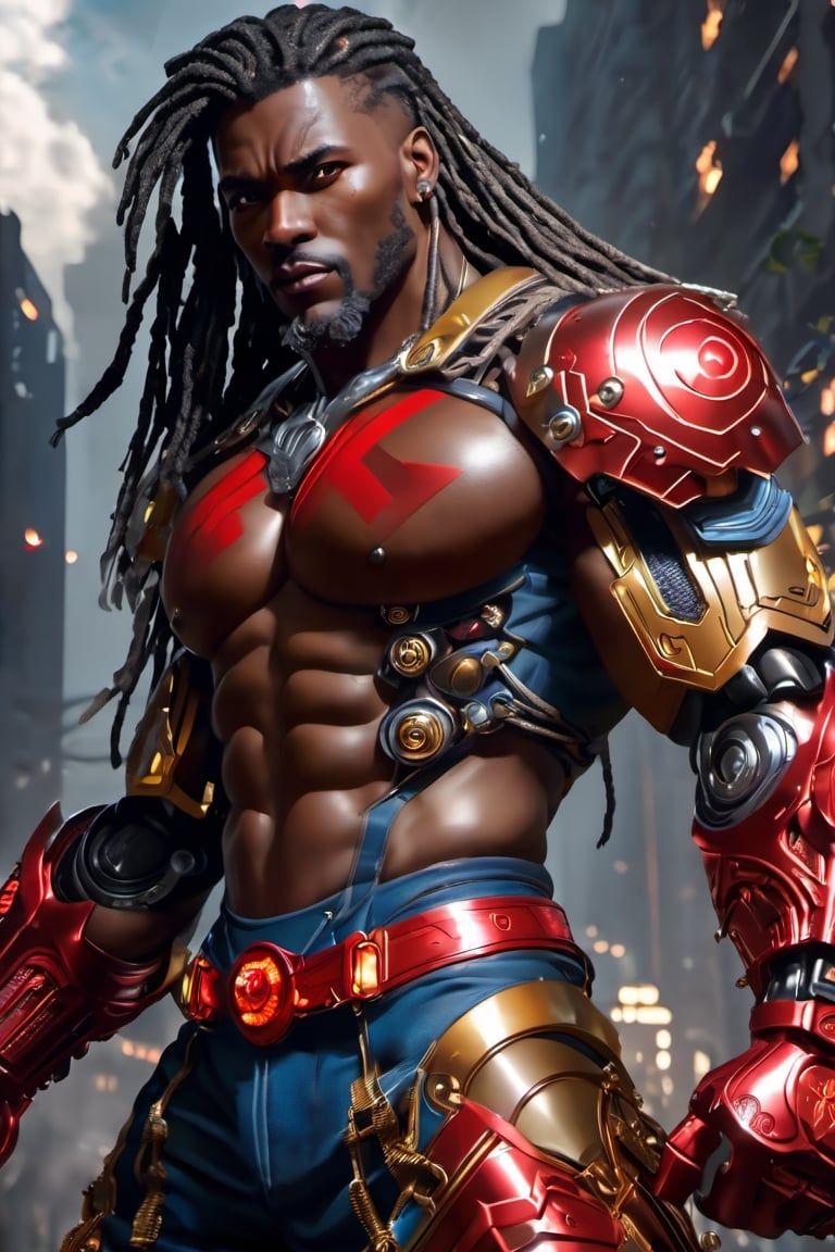 X-men cable,  (Black male),(African),dark skin) (silver dreadlocks),UHD,  super detailed, very muscular physique, (((hands waist high glowing with electric bolts))), perfect muscular body,  full_body,  battle_stance,((wearing red steel  blackand gold body armor with hint of red and blue))  
cyberpunk,SteelHeartQuiron character,elina,lun4,photo r3al