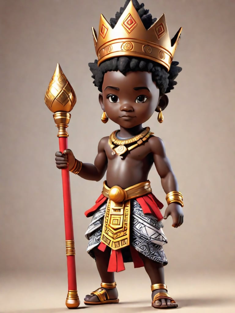 1boy, african boy, walking, holding royal scepter  ,AI_Misaki,3d figure,african king style,traditional african kinte cloth attire design, african queen ink drawing