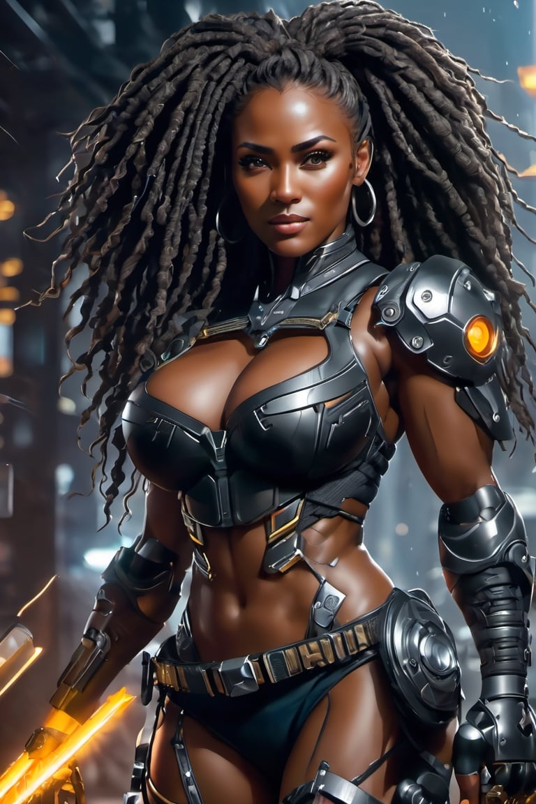 X-men cable,  (Black female),(African), very dark skin), ((( best mixture of the rock and boris kodjoe))) dreadlocks,UHD,  super detailed, very muscular physique, (((hands waist high glowing with electric bolts))), perfect muscular body,  full_body,  battle_stance,((wearing Black steel  body armor))  
cyberpunk,SteelHeartQuiron character,elina,lun4,photo r3al